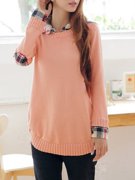 pink-lapel-patching-sleeve-korean-fashion-women-hot-sale-casual-cotton