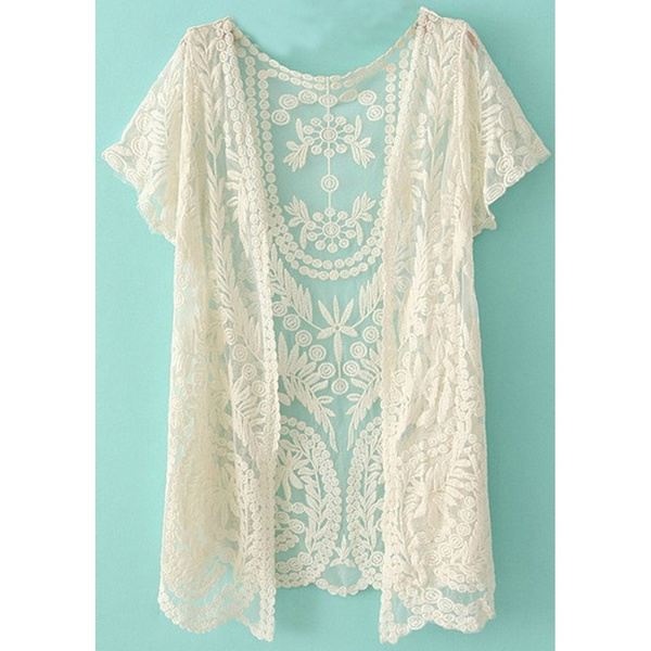 White Short Sleeve Crochet Net Lace Cardigan One Size Wish