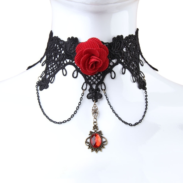 Women's Retro Gothic Lolita Black Lace False Gem Rose Necklace Choker ...