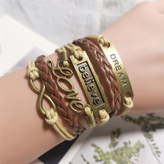 Mixed Color Infinity Antique Copper Charm Leather Believe Dream Love Handmade Woven Bracelet