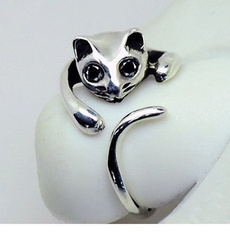 Cute Silver Cat Shaped Ring With Rhinestone Eyes, Adjustable and Resizeable