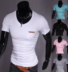 summer decorative veneer pocket short sleeve pure color slim men's V-neck cotton lycra T-shirt