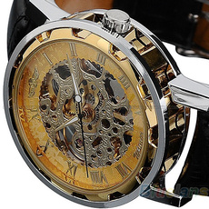 Classic Men's Black Leather band Skeleton Mechanical Sports Army Wrist Watch cool ( Pls wind watch when received)