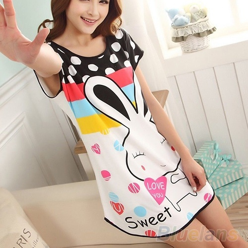 Women Sleep Shirt Dress Cotton Short Sleeve Nightgown Cartoon