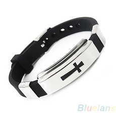 Men's Stainless Steel Bracelet Cross Black Rubber Bangle