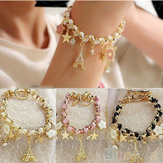Fashion Jewelry Multi-element Gold Chain Leather Rope Crystal Handwork cute korean Bracelet