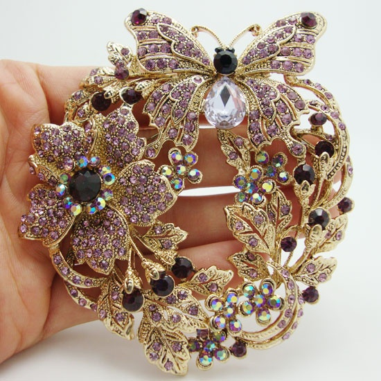Vintage Style Butterfly Flower Brooch Pin Pendant Purple Austrian Crystal