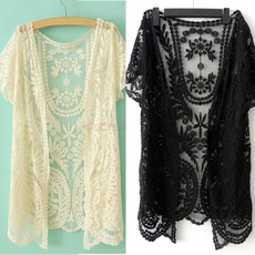 Women's Hollow-Out Shirt Lace Embroidery Floral Crochet Short Sleeve Cardigan One size SV001747 Knitwear