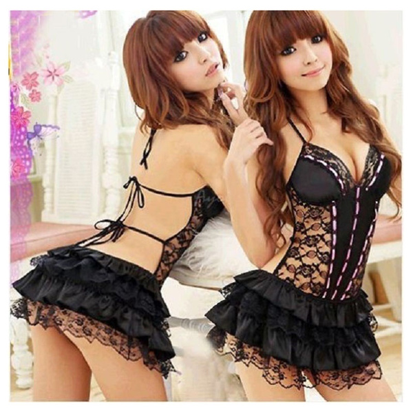 Women Lace Sexy Lingerie Backless Babydoll Mini Dress Skirt Underwear G string