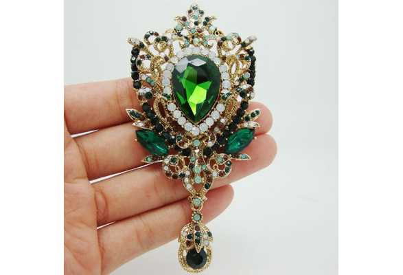 New Fashionable Jewelry Classic Crown Flower Drop Emerald Green Crystal Rhinestone  Brooch Pin Pendant