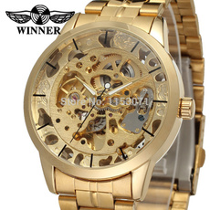 WINNER Automatic Men Skeleton Gold Dress Watch Stainless Steel Bracelet with Gift Box