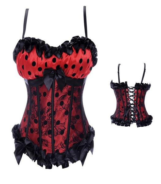 Hot Sexy Lace Corset With Straps Apricot Red Top Bustier Black Dots Padding  Cups Bodyshaper for Women Plus Size S-6XL Wholesale