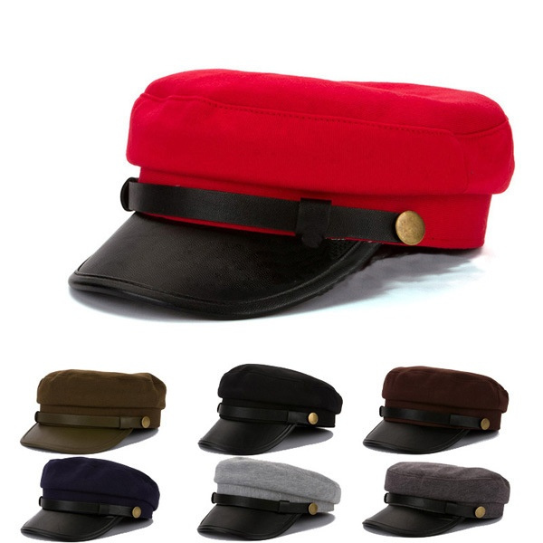 Army Cadet Military Navy Sailor Cap Flat Top Hat Leather Buckle