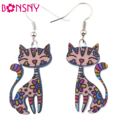 Bonsny Cute Lovely Cat  Earrings Acrylic Printing Patterns 2017 New Design Drop Earrings For Girls Woman Jewelry