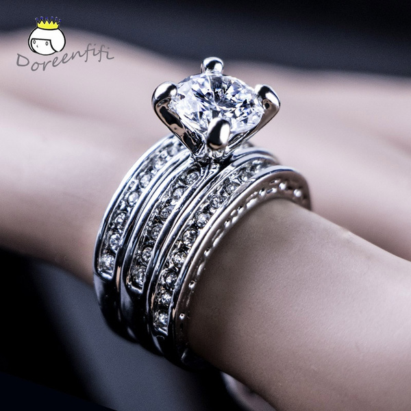 3Pcs Set Rings Crystal Rhinestone Diamond Wedding Engagement Womens Jewelry MW 