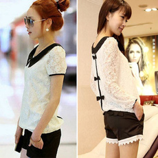 Women Doll Collar T- Shirt Apricot Girls Lace Crochet Short Shirt and Long Sleeve with Cute Bowknot