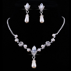 Bridal Wedding Faux Pearls Rhinestone Necklace Water Drop Earrings Jewelry Set