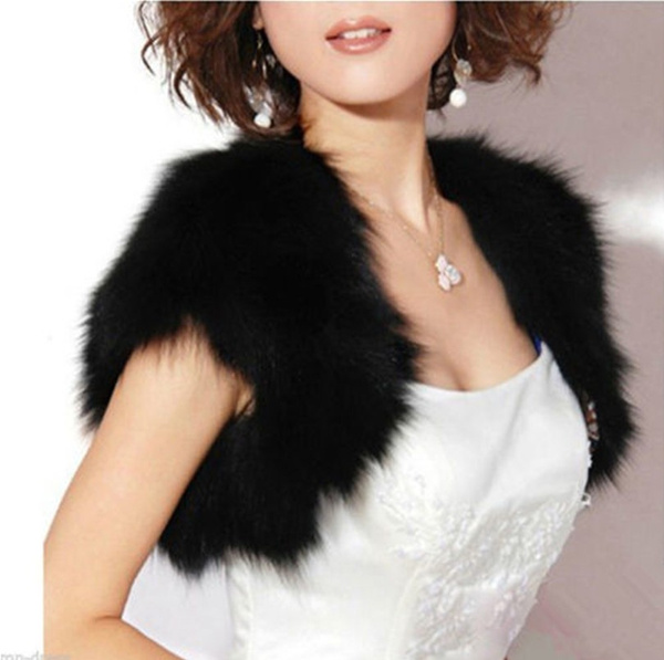 Black Faux Fur Jacket Wrap Bridal Shrug, White Fake Fur Coat Short Sleeve Black And