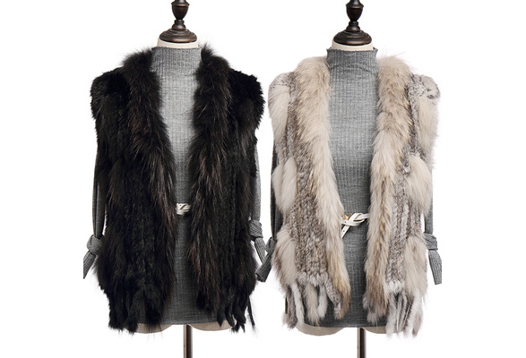 100% Real Knitted Rabbit Fur Vest Waistcoat Whit Raccoon Fur Collar Gilet Jacket 