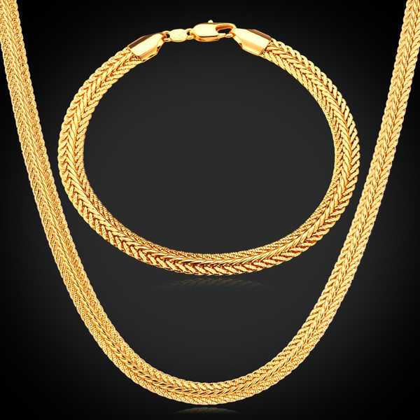 Classic Foxtail Chain Necklace Bracelet for Men 18K Gold Plated Men ...