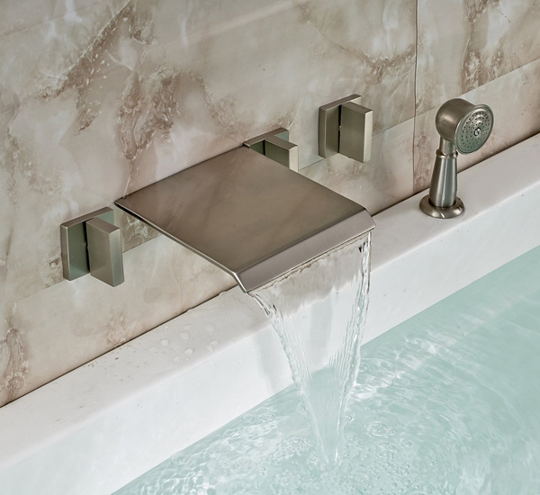 Waterfall Spout Widespread Bathtub Faucet with Hand Sprayer Brushed ...