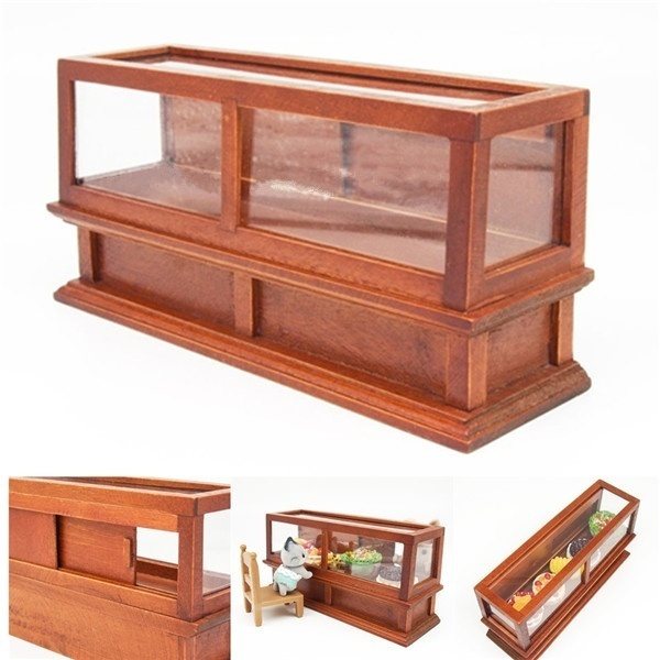 Dollhouse Furniture Wooden Cake Showcase 1:12 Miniature Display Cabinet Brown 