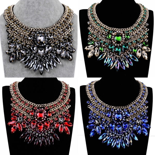 New Fashion Gold Chain Glass Crystal Charm Chunky Choker Statement Bib