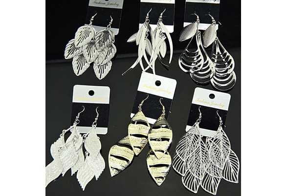Mix Style 6Pairs Silver Gold P Women Leaves Drop Earrings Wholesale Jewelry Lots 