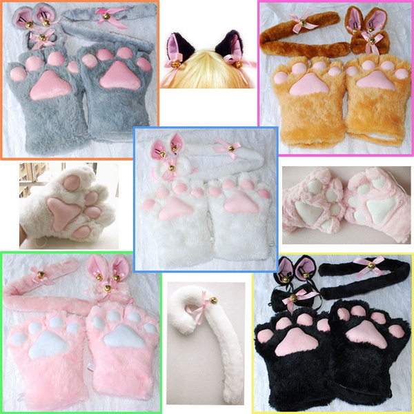 Halloween 1set Cat Ears Plush Paw Claw Gloves Tail Bow Tie Anime Cosplay Costume Wish