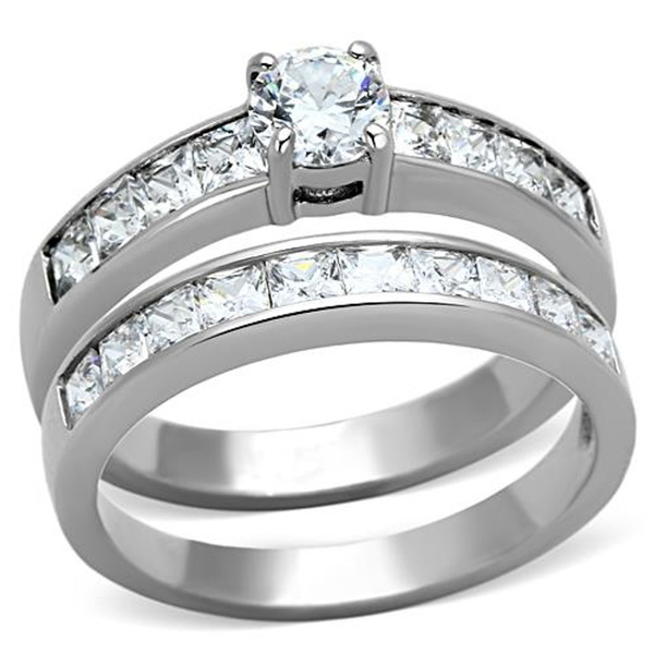 Mabella Gold Tone Stainless Steel Cubic Zirconia Wedding & Engagement Ring Set – 2 Pc Solitaire With Accents – Sizes 5-10