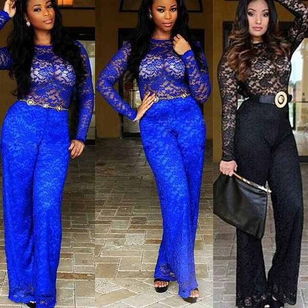 Sexy Women Long Sleeve Pure Lace Black Blue Mesh Sheer Slim Cocktail  Clubwear Party Club Prom Suit Jumpsuit