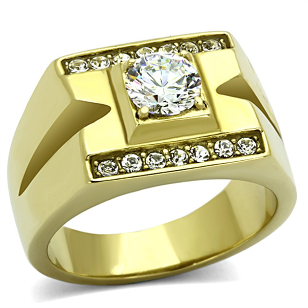 MEN'S GREEN DIAMOND SIMULATE YELLOW GOLD ION BOND STEEL SOLITAIRE RING SIZES 
