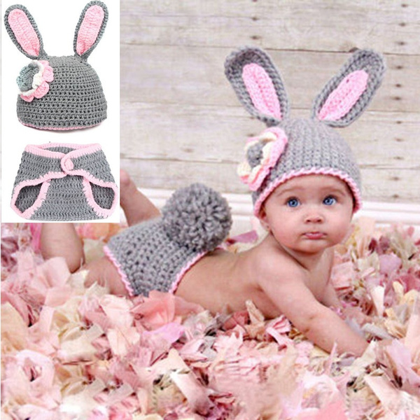 Toddler Flower/Grey Rabbit Hand-Knitted newborn handmade crochet infant ...