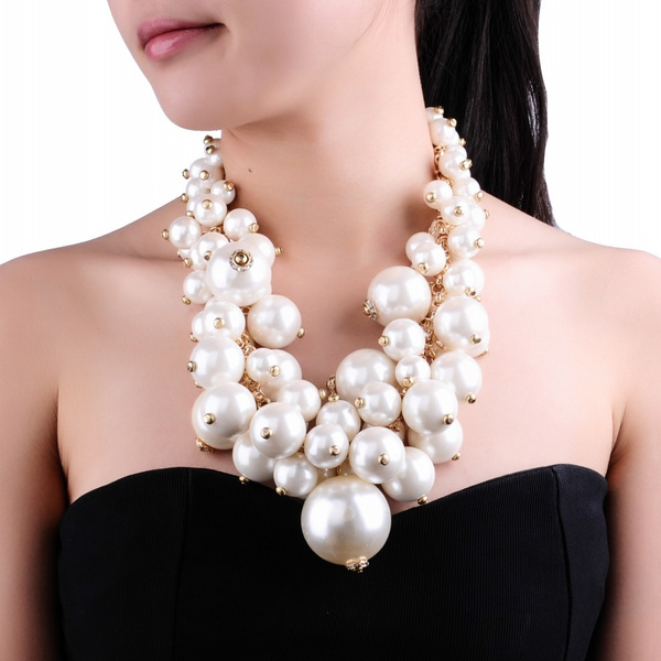 Fashion Gold Chain Multi-Color Resin Pearl Chunky Choker Statement Bib Necklace