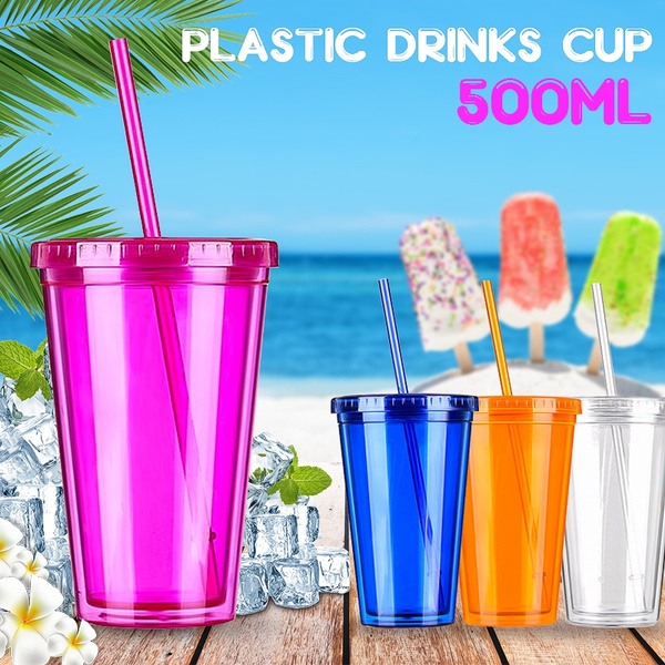 500ml Smoothie Plastic Drink Cup Iced Coffee Juice With Straw Lid Beaker