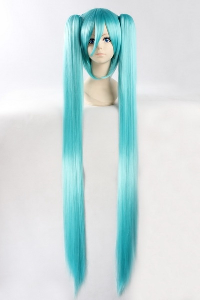 Vocaloid Hatsune Miku cyan short bob with 120cm long straight ponytails ...