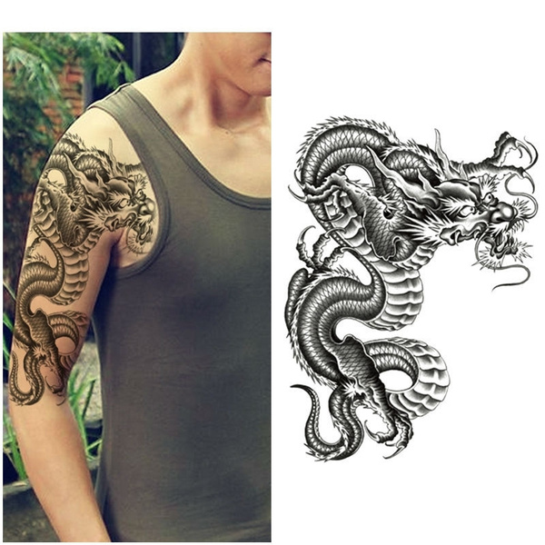 Realistic Dragon Tattoo Temporary For Men Adults, Large Black Color Dragon  Tribal Fake Tattoo Women Half Sleeve, 3D Big Temp Tatoo Sticker Arm Chest