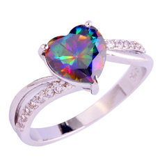 lingmei Fashion Jewelry Heart Cut Rainbow & White Topaz Gemstone Silver Ring Size 6 7 8 9 10 11 12 13