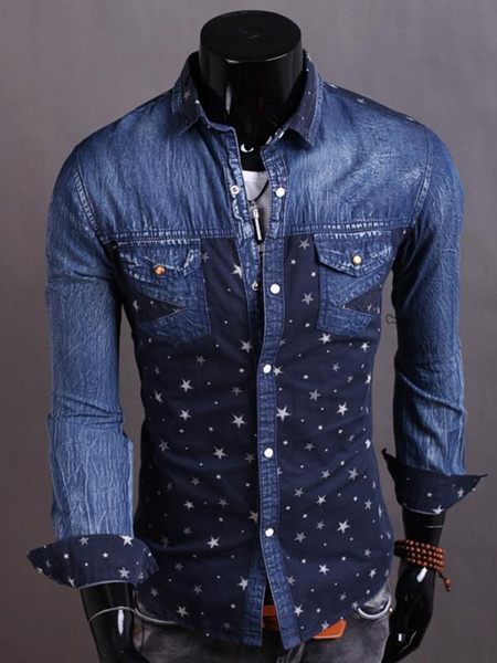 New Mens Stars printed decorative fashion mosaic denim shirt 3 Colors ...
