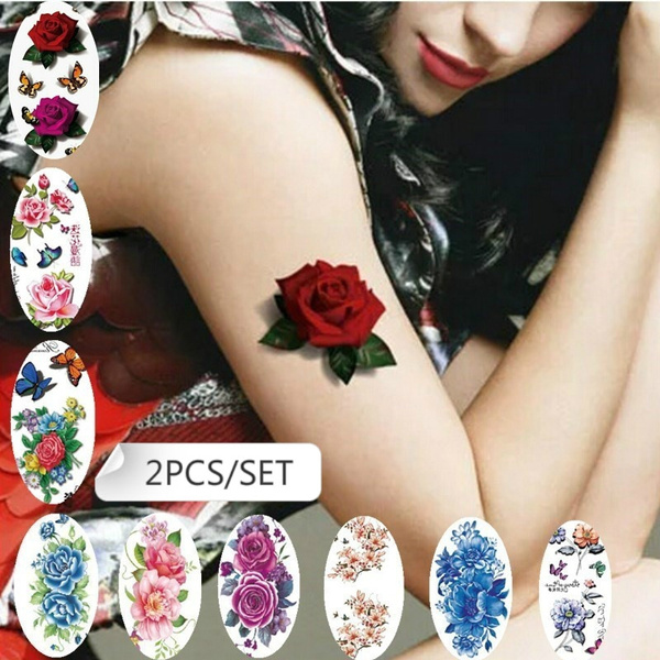 2Pcs Temporary Tattoo Sticker Arm Leg Hand Double Rose Waterproof Removable  3D Personality Tattoos | Wish