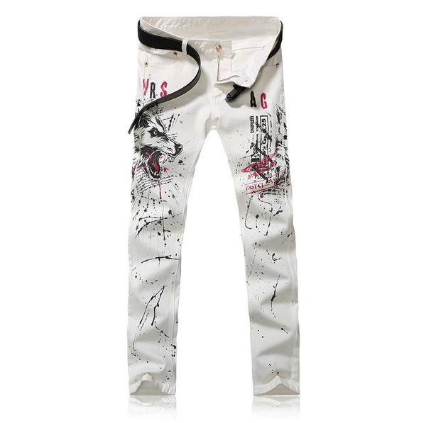 NEW Mens Long slim floral Printing washed White jeans 8 Sizes K_MJB034 ...