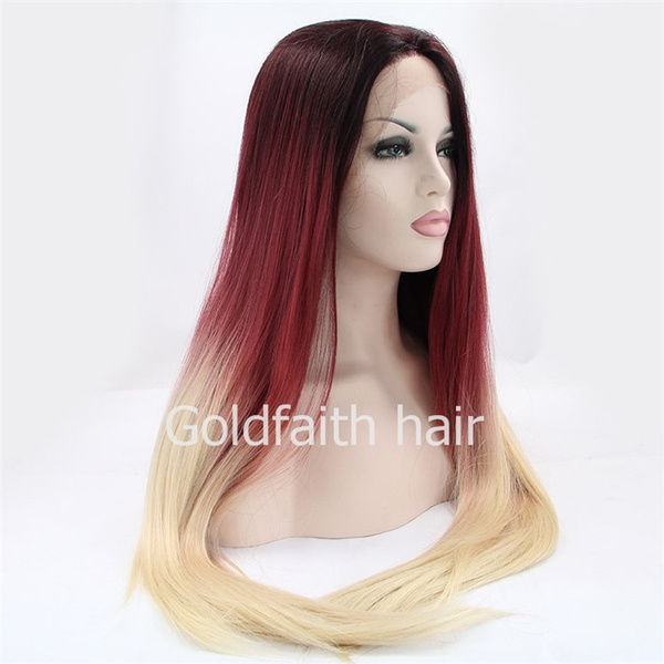 SF2 Cheap Burgundy Blonde Ombre Straight Kanekalon Wig Lace Front Synthetic Hair Natural Wig For White Women