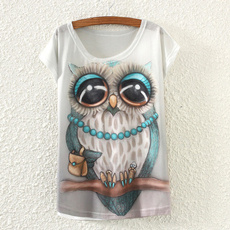 Women Loose Cotton Short Sleeve Necklace Owl Print Shirt Summer Tee Blouse Tops