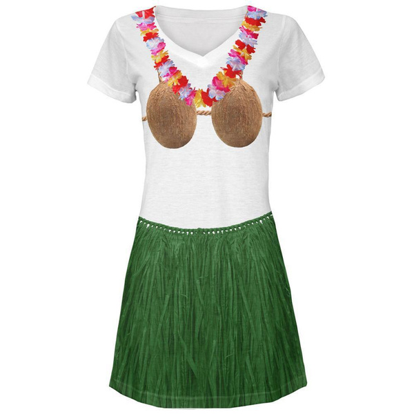 Coconut Bra Green Grass Skirt Hula Girl All Over Juniors Beach