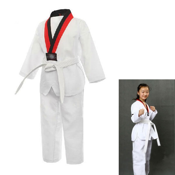 Taekwondo TKD Judo Uniform V-neck Tae Kwon Do Dobok Traning Set with Belt White 