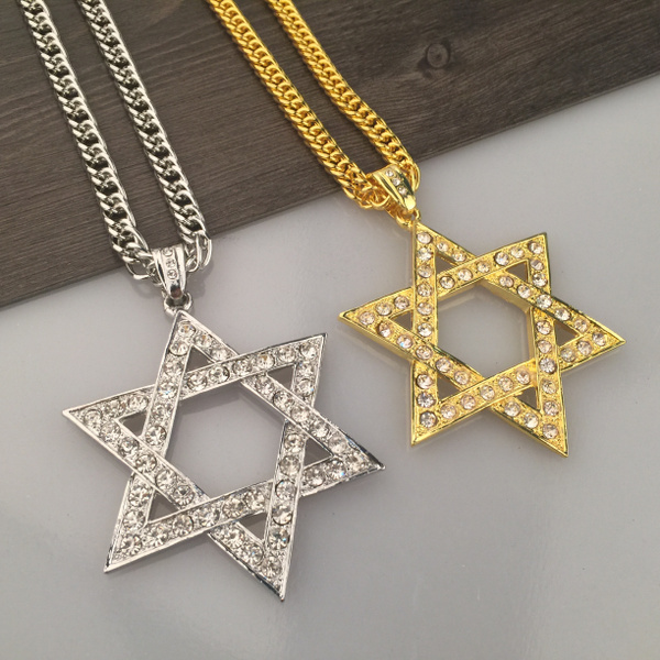 Punk Star of David Pendant with AAA Cubic Zirconia Cool Mens Masonic Necklace Free Chain 24 Hip Hop Male Boy Jewelry