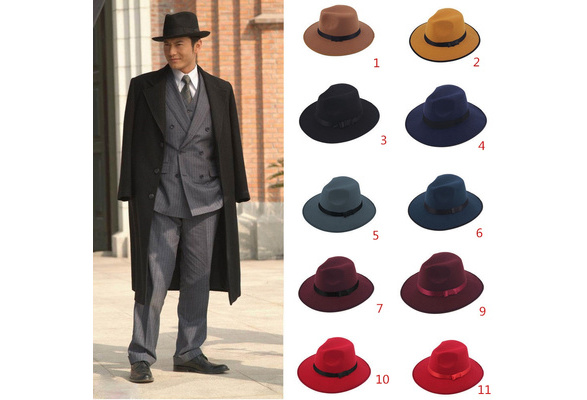 Men Women Jazz Bowknot Hard Felt Fedora Panama Bowler Wide Hat Brim  Gangster Cap