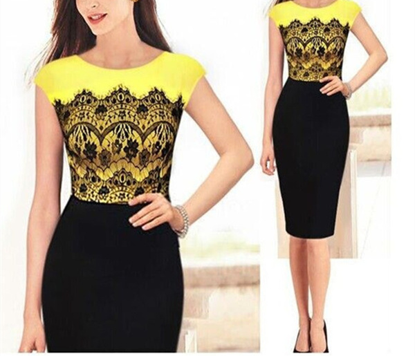 Summer Fashion Lace Party Dress Yellow Slim Short Sleeve Patchwork Work ...