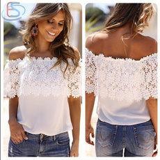 Hot Sale Women's Off Shoulder Lace T-shirt Summer Casual White Blouse