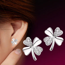 New Fashion Cute Lady Girl 925 Silver Plated Lucky 4-Leaf Ear Stud Earrings